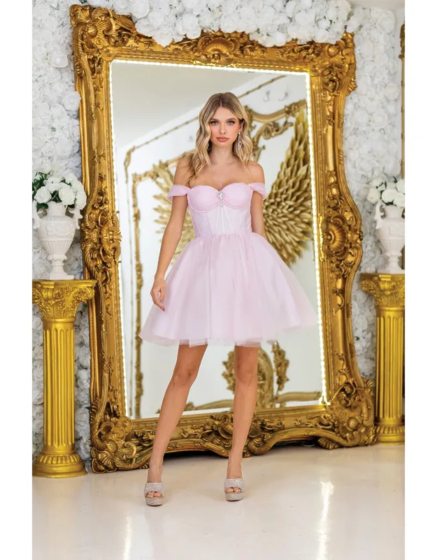 Off-the-shoulder Tulle Dress With Corset-style Bodice And Ribbon Detailing