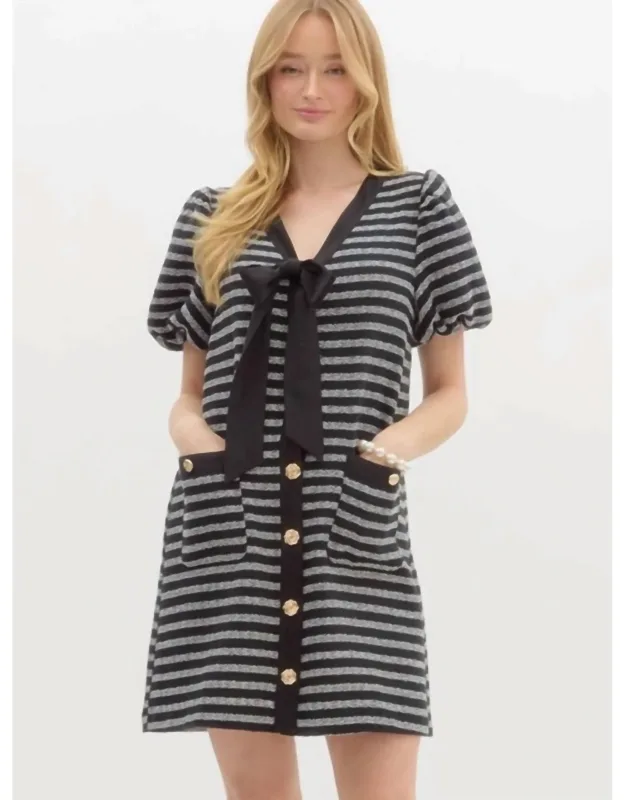 Stripe Boucle Bubble Sleeve Mini Dress