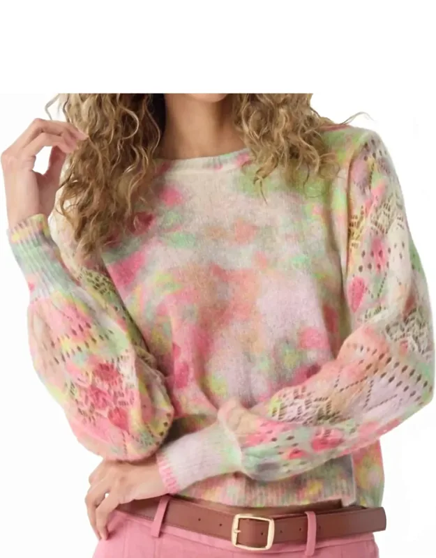 Pastel Flower Print Pointelle Crew Sweater