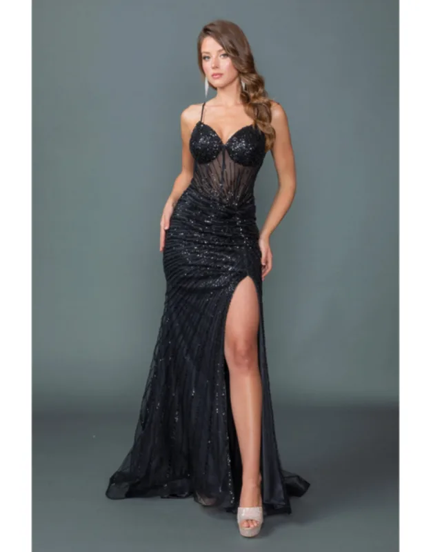 Sweetheart Illusion Corset Bodice Spaghetti Strap Fitted Silhouette Gown With Beaded Sequin Embellishments, Ruched Detail And High Slit Prom Dress
