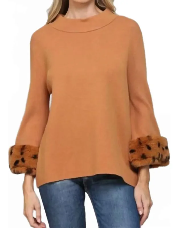 Mock Neck Faux Fur Cuff Sweater