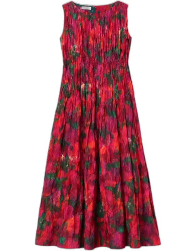 Pintuck Blossom-print Cotton Midi Dress