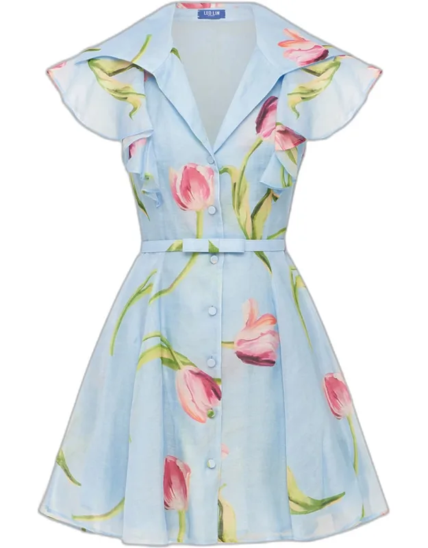 Belted Lapel-collar Floral Mini Dress