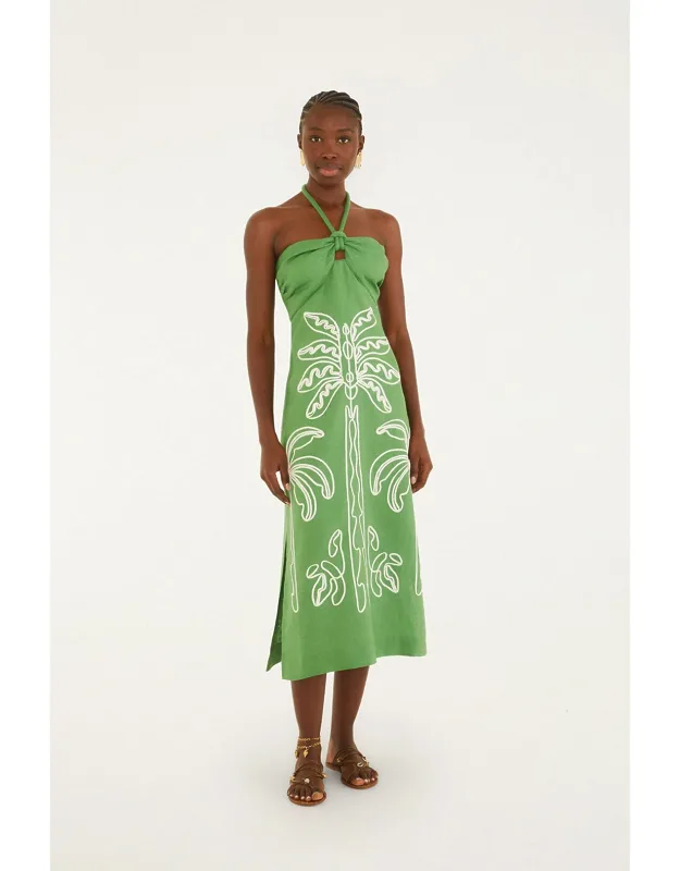 Palm Tree Embroidered Halter Neck Midi Dress