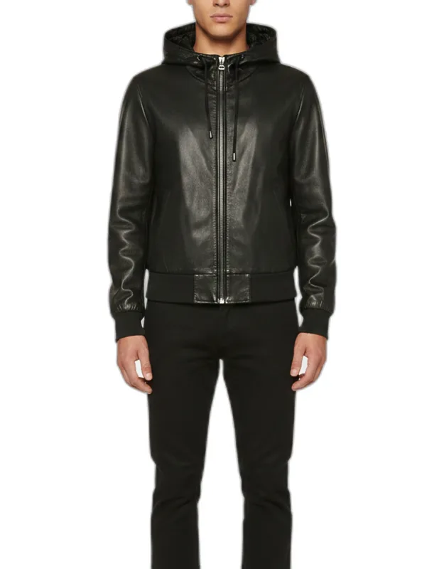Leather Hooded Bomber Jacket