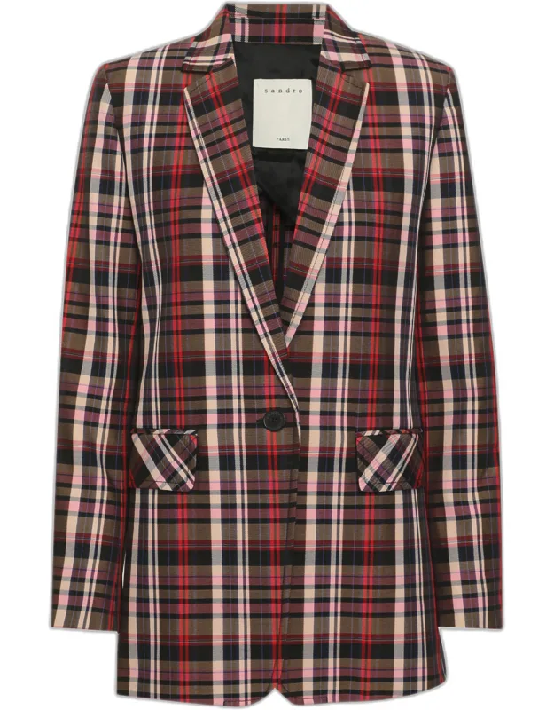 Multicolor Tartan Print Gabardine Plaid Blazer