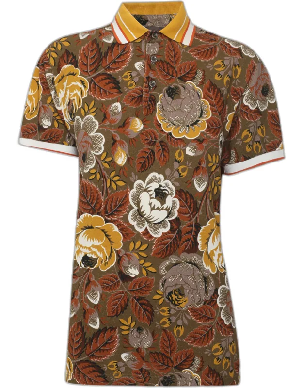 Multicolor Floral Print Cotton Pique Polo T-shirt