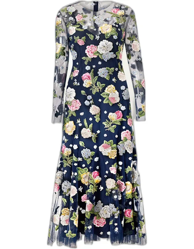 Floral Embroidered Tulle Midi Dress