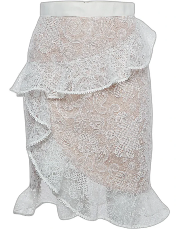 Floral Lace Ruffled Asymmetric Midi Skirt