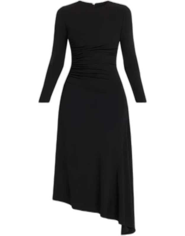 Ruched Long-sleeve Asymmetric Midi Dress