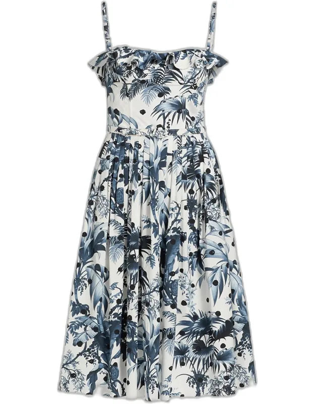 Dotted Palm-print Ruffle Sleeveless Midi Dress