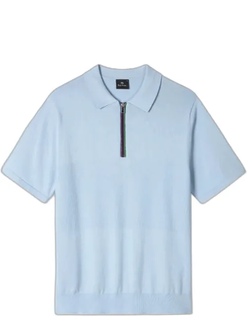Light Blue 'sports Stripe' Zip Neck Polo Shirt