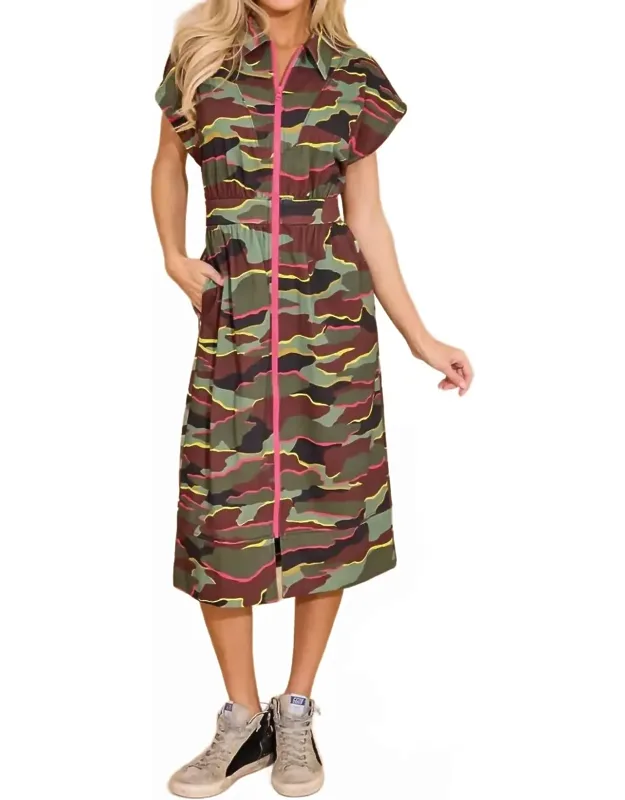 Belle Dress In Camo With Pockets And Zip Closure