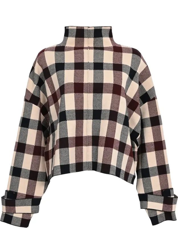 Cropped Plaid Funnel-neck Jacquard Sweater