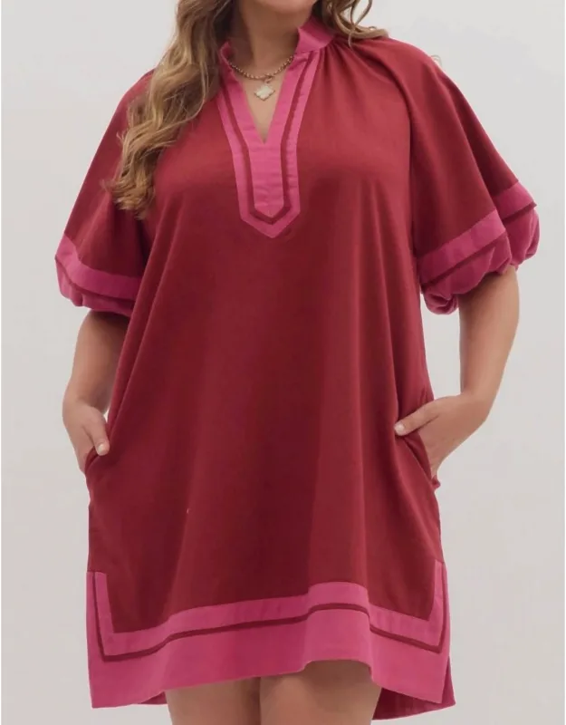 Solid Contrast Lantern Sleeve Slit Hem Split Collar Mini Dress