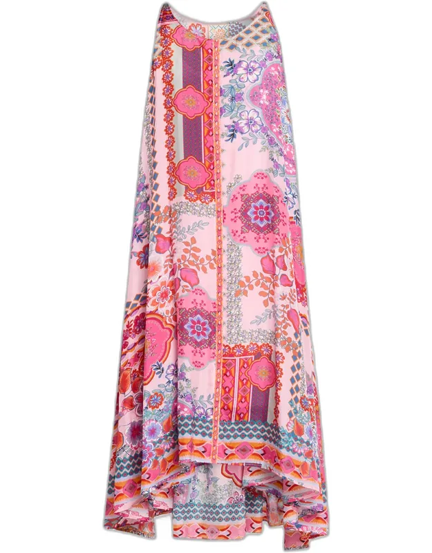 High-low Patchwork Silk Midi Dress