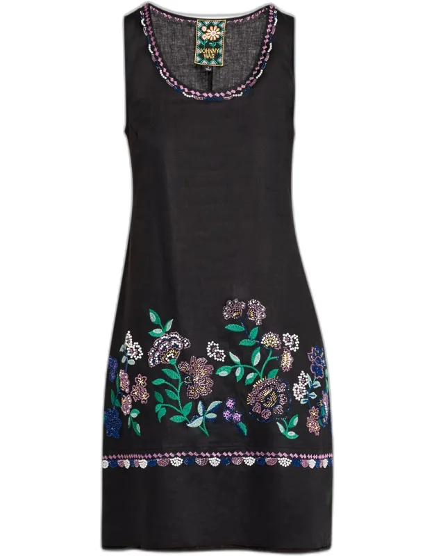 Beaded Floral-embroidered Linen Tank Dress