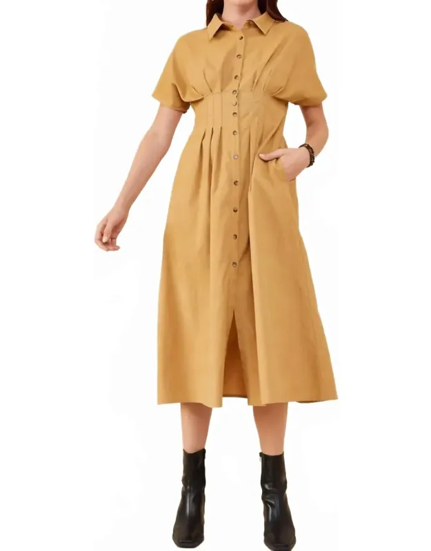 Pintucked Waist Button Up Corduroy Dress