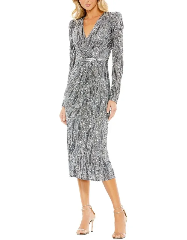 Embellished Faux Wrap Puff Sleeve Dress