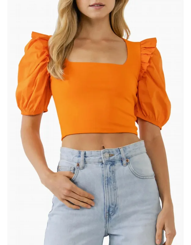 Mixed Media Puff Sleeve Crop Top