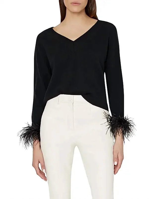Feather Cuff V-neck Sweater