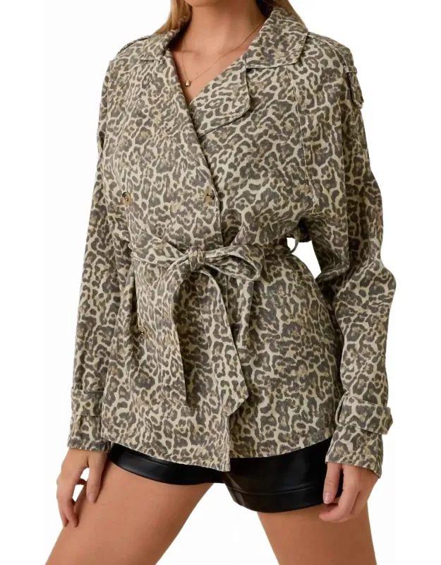 Leopard Printed Double Breasted Short Trench Coat