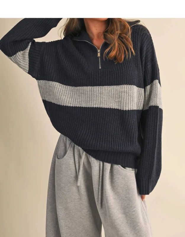 Long Sleeve Contrast Stripe Half Zip Sweater
