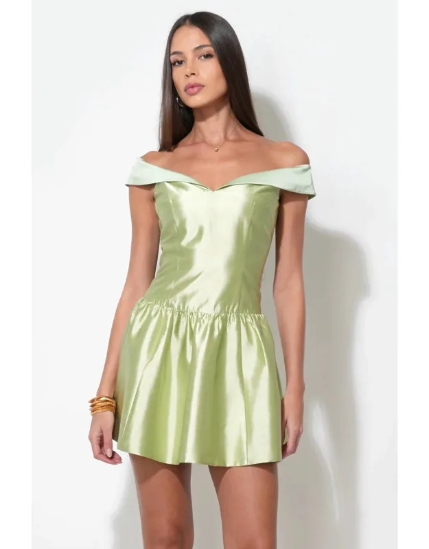 Off Shoulder Satin Drop Waist Mini Dress