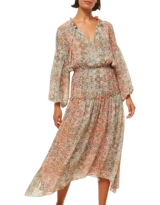 Tasia Midi Dress With Handkerchief Skirt And Petal Tassel Tie