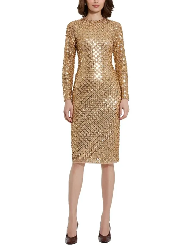 Beaded Sequin Mesh Long Sleeve Fitted Midi Dress