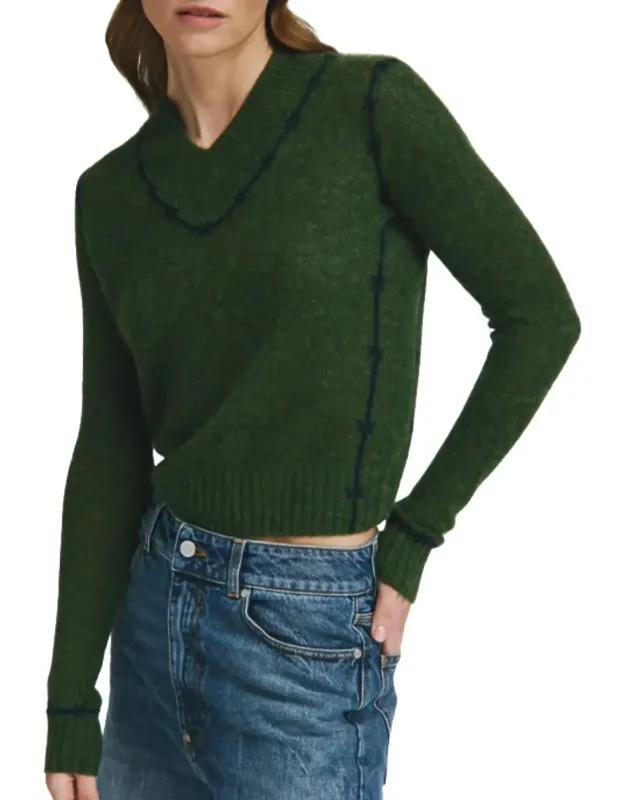 Fitted V-neck Sweater With Embroidered Seam