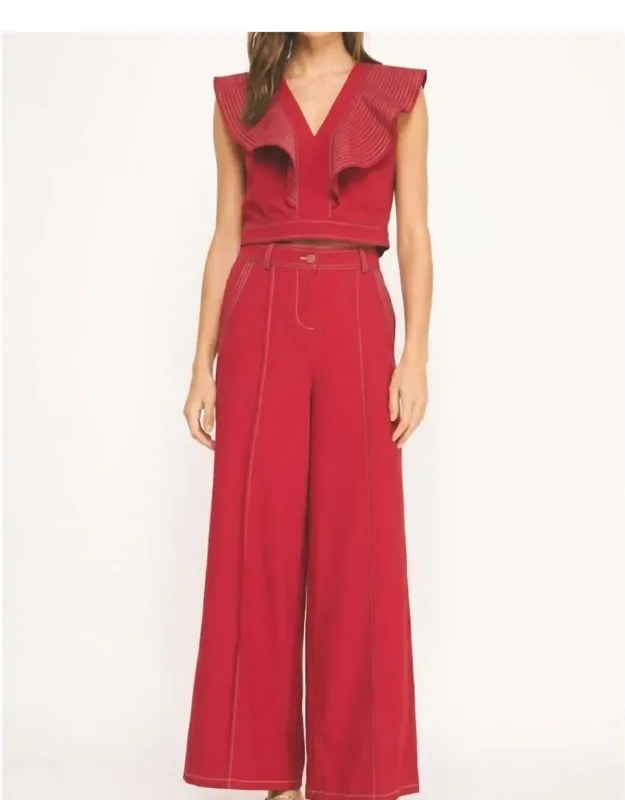 Two Piece Flutter Sleeve Top And Wide Leg Trousers Set