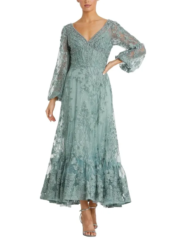 V-neck Mech Puff Sleeve A-line Embellished Dress