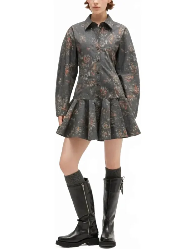 Printed Stretch Cotton Buttoned Mini Dress