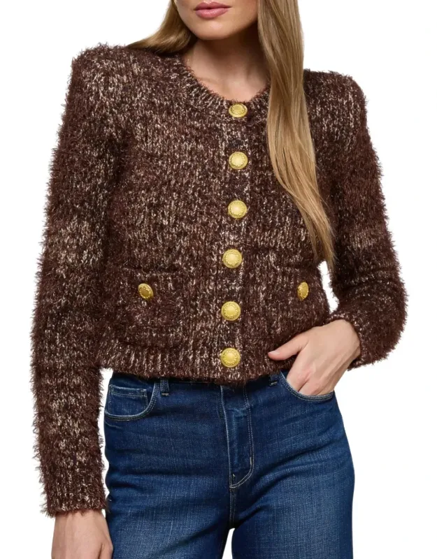 Una Knit Cardigan With Oversized Crest Buttons And Eyelash Knit