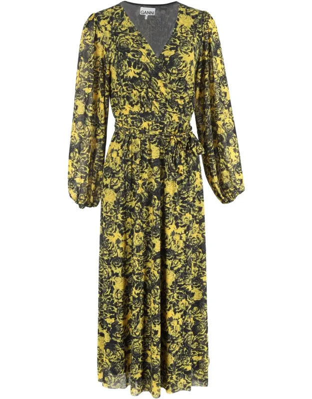 Printed Mesh Midi Wrap Dress