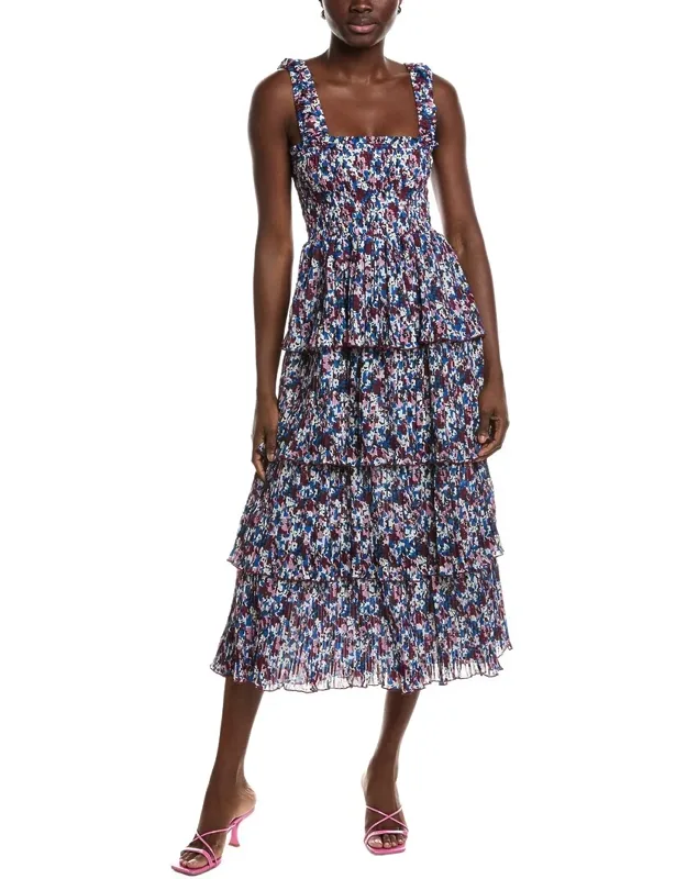 Pleated Georgette Flounce Smock Midi Dress