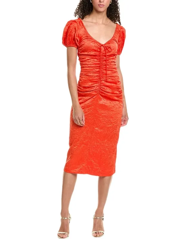 Crinkled Satin Gathered U-neck Midi Dress
