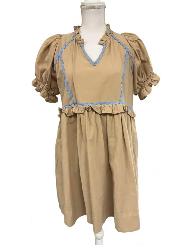 V Neck Puff Sleeve Short Dress With Trim