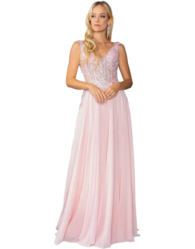 Embroidered A-line Gown With Sheer Overlay And Sleeveless Design
