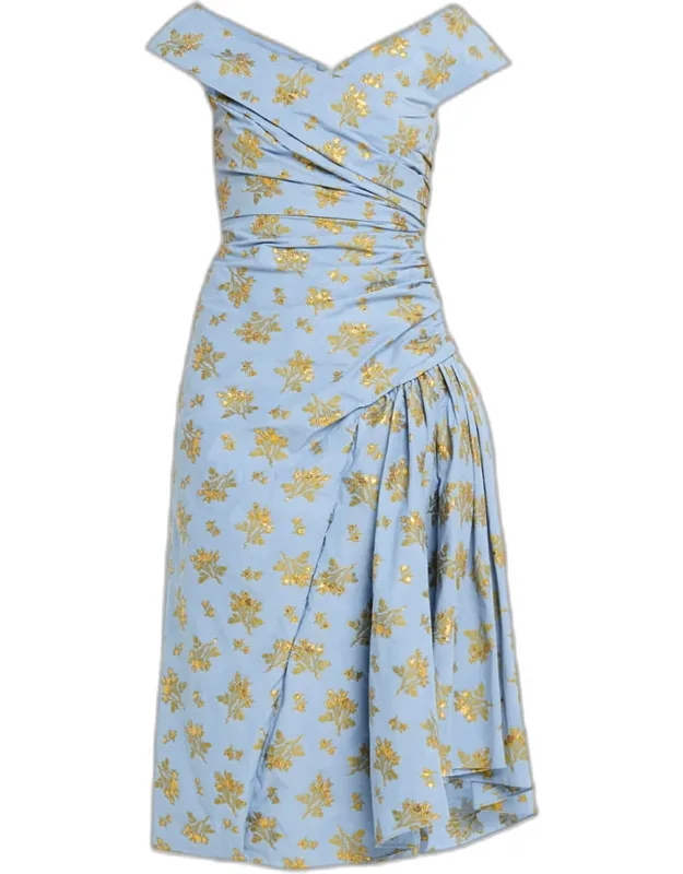 Floral Fil Coupe Draped V-neck Midi Dress
