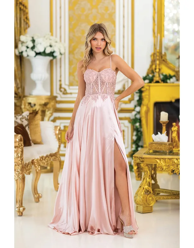 Strapless Prom Dress With Beaded Bodice, Sheer Corset Detail, Satin Skirt, And High Slit.