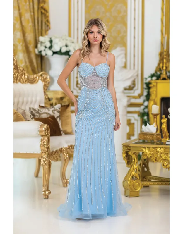Sequined Beaded Full-length Prom Dress With Sheer Detailing And Fitted Silhouette