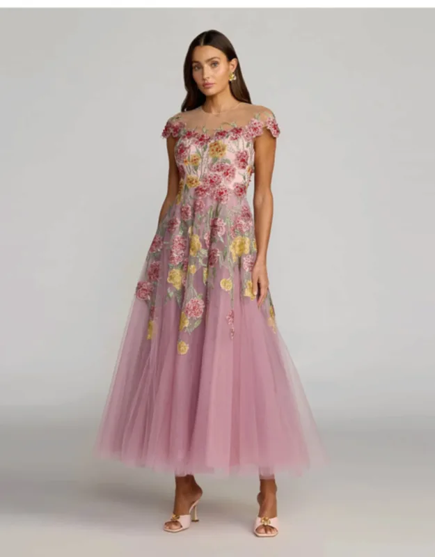 Floral Embroidered Illusion Sweetheart Midi Dress