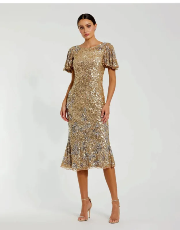Flutter Sleeve Floral Embellished Sequin Midi Dress
