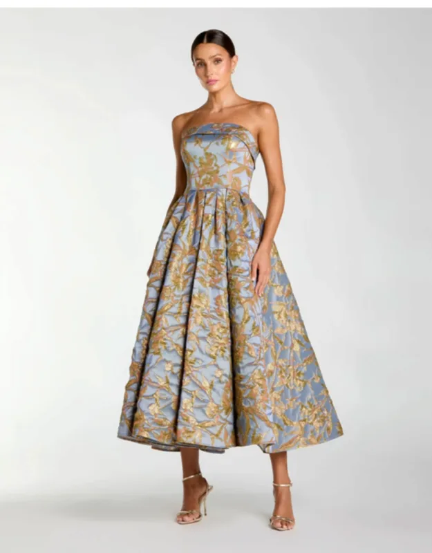 Strapless Brocade Midi Dress With Pockets