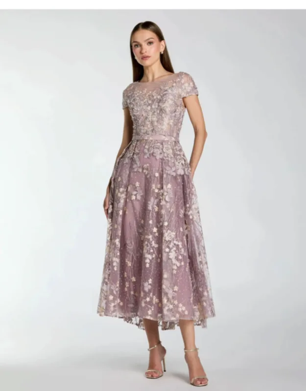 Embroidered Cap Sleeve High Neck Midi Dress