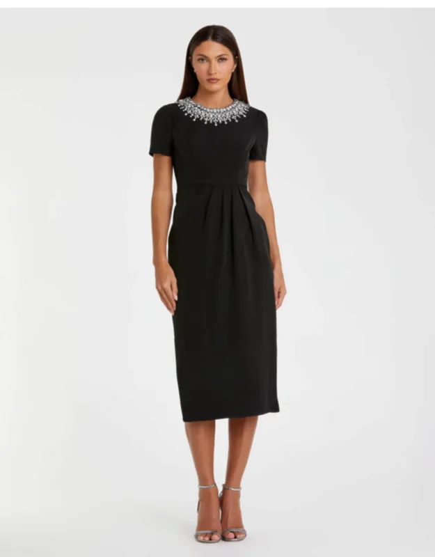 Petite Short Sleeve Rhinestone Neckline Midi Dress