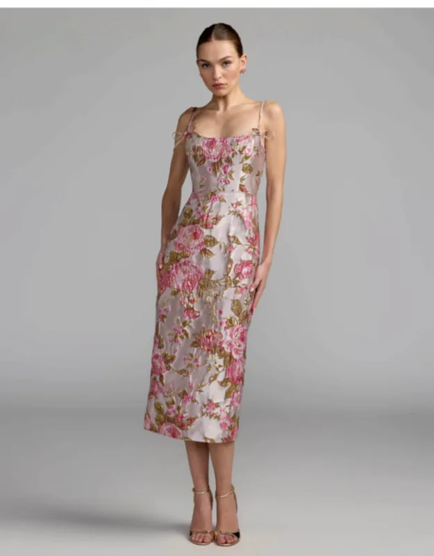 Light Pink Floral Brocade Bow Strap Midi Dress