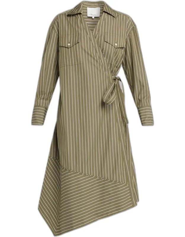 Asymmetric Stripe Poplin Wrap Dress